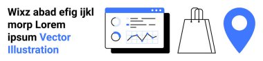 Veri tabloları, alışveriş torbası ve mavi lokasyon broşlu iş analizi ekranı. Çevrimiçi alışveriş, veri analizi, lojistik, perakende satış, iş stratejisi pazarlama ve e-ticaret için ideal. İniş