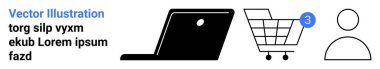 Laptop, bildirim simgesi olan alışveriş arabası üç öğeyi gösteriyor, kullanıcı simgesi çevrimiçi alışveriş, kullanıcı bağlılığı ve dijital işlemleri temsil ediyor. E-ticaret, çevrimiçi perakende, kullanıcı arayüzü için ideal