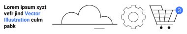 Bulut tasarımı, vites simgesi ve tebligat numaralı alışveriş arabası. Bulut hesaplama, ayarlar, çevrimiçi alışveriş, tebligatlar, teknoloji hizmetleri, e-ticaret ve dijital arayüzler için ideal