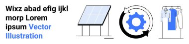 Solar panel generating power, rotating gear symbolizing efficiency, and organized wardrobe. Ideal for sustainability, renewable energy, efficient systems, green living, clean technology clipart