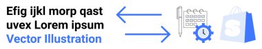 Solda, kalem dişli saatini ve alışveriş çantasını gösteren iki mavi oklu metin, iş planlaması için uygun mavi S ile verimlilik e-ticaret zaman yönetimi dijital