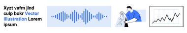 Görsel öğeler ses dalgası desenlerini, kabloları tutan bir işçi, eğilimleri gösteren bir çizgi grafiği ve yer tutucu metni gösterir. Teknoloji, iletişim, veri analizi ve verimlilik için ideal