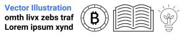 Bitcoin sembolü, açık kitap ve ampul ikonu. Kripto para birimi, eğitim, yenilik, engelleme zinciri, finans, öğrenme ve başlangıç için ideal. İniş sayfası