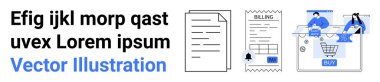 Metin tutucu, belge, fatura beyanı ve karakterlerle çevrimiçi alışveriş de dahil olmak üzere bir dizi resim. E-ticaret, fatura sistemleri, çevrimiçi işlemler, dijital faturalandırma için ideal