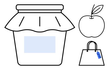 Elma kapaklı kavanoz ve etiketli bir alışveriş torbası. Gıda korunumu, organik ürünler, alışveriş, markalaşma, pazar kavramları, perakende satış, sürdürülebilirlik için idealdir. Basit çizgi çizimi soyut