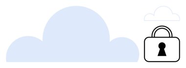 Değişen boyutlarda bulut simgeleri ve güvenli bir depoyu temsil eden siyah bir asma kilit. Teknoloji, veri güvenliği, bulut hizmetleri, siber güvenlik, gizlilik, çevrimiçi depolama ve bilişim ile ilgili konular için ideal. Çizgi