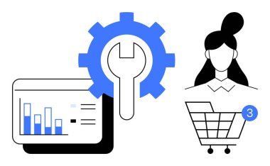 Torpido gözünde anahtar ve vites simgesinin yanında grafik analizi, alışveriş arabasının yanında kadın profili ve üç uyarı. Dijital pazarlama, kullanıcı bağlantısı, e-ticaret, çevrimiçi alışveriş için ideal
