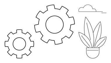 Two interlocking gears, one larger than the other, alongside a potted plant and a cloud evoke productivity, growth, and environmental harmony. Ideal for business strategy, teamwork, innovation clipart