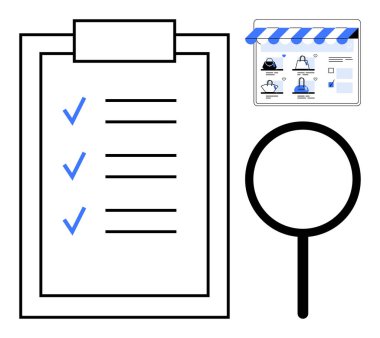 Panodaki kontrol listesi, büyüteç ve ürün resimleriyle web sitesi arayüzü. E-ticaret kurulumu, web sitesi incelemesi, çevrimiçi alışveriş, pazar araştırması, görev yönetimi, kalite kontrolü için ideal