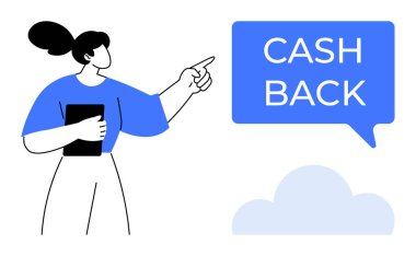 Woman pointing with tablet, blue speech bubble with Cash Back text, and cloud. Ideal for rewards programs, finance, customer loyalty, refunds, promotional offers, saving money digital services clipart