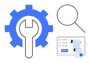 Bir büyüteç ve faturalı dijital ödeme ekranının yanındaki dişlinin içine gir. Finansal teknoloji, çevrimiçi işlemler, sistem optimizasyonu, analitik, mobil ödemeler için ideal