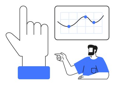 Büyük bir el kaldırma, veri noktalarıyla çizelgeye işaret eden kişi, büyüme temsilcisi. İş stratejisi, veri analizi, sunumlar, girişimler, eğitim, mali tahminler için ideal