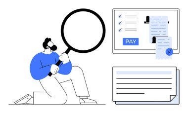 Elinde büyüteç tutan adam ödeme düğmesi ve fatura listesiyle bilgisayar ekranında mali belgeleri inceliyor. Finans, denetleme, dijital ödemeler, analitik süreçler ve iş için ideal