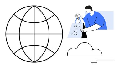 Küre şebekesi, alışveriş torbaları ve bulut simgesi tutan kişi. Ecommerce, küresel ticaret, İnternet bağlantısı, çevrimiçi alışveriş, veri depolama dijital pazarlama ve teknoloji hizmetleri için idealdir. Çizgi