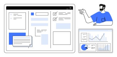 Veri tablolarına ve görev yönetimi görüntülerine dijital arayüzlerde bakan adam. Proje yönetimi, veri analizi, üretkenlik, iş akışı organizasyonu, iş sunumu, takım için ideal
