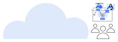 İnsan figürlerinin yanında büyük bir bulut simgesi, online alışveriş elemanlarıyla ekran. Teknoloji, e-ticaret, bulut hesaplama, dijital pazarlama, çevrimiçi topluluklar, çevrimiçi işlemler, uzaktan kumanda