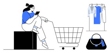 Telefon ve alışveriş arabasıyla oturan bir kadın, rafta hazır giysiler, fiyat etiketli bir çanta. E-ticaret, çevrimiçi alışveriş, moda perakendecisi, dijital pazarlama, tüketici davranışı için ideal