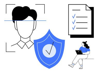 Yüz taraması ile profil doğrulaması, kontrol işaretli güvenlik kalkanı, kontrol listesi, dizüstü bilgisayardaki kişi. Siber güvenlik, çevrimiçi kimlik, veri koruması, kimlik doğrulama, uyum, dijital