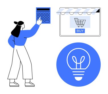 Kadın hesap makinesini işaret ediyor, alışveriş arabası olan e-ticaret penceresi ve satın alma düğmesi, ampul simgesi. E-ticaret, çevrimiçi alışveriş, finans yönetimi, yenilik, fikirler, dijital perakende pazarlama için ideal