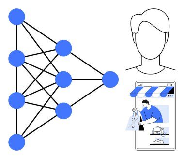 Birbirlerine bağlı mavi düğümlere sahip sinirsel ağ, kullanıcı profili taslağı, akıllı telefondaki e-ticaret arayüzü. Yapay zeka, makine öğrenimi, teknoloji, e-ticaret, dijital dönüşüm, müşteri