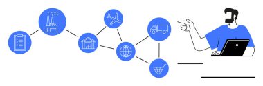 Fabrika, depo, uçak, dünya, kamyon ve alışveriş arabası ikonlarını bağlayan resimli tedarik zinciri akışı. İşadamı dizüstü bilgisayarla işaret ediyor. Lojistik ve planlama için ideal takım çalışması