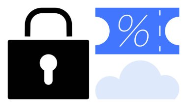 Asma kilit, yüzde işaretli mavi indirimli bilet ve açık mavi bulut. Çevrimiçi güvenlik, e-ticaret, bulut hizmetleri, veri koruması, dijital işlemler, siber güvenlik satışları için ideal