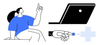 Parmak kaldıran kişi, dizüstü bilgisayar, çapraz sembolü gösteren el işareti. Eğitim, teknoloji, yenilik, yaratıcılık, dijital dönüşüm çevrimiçi problem çözme kavramları için idealdir. Modern