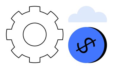 Vites dişlisi, mavi para ve ışık bulutu şeklinde. Ticari çözümler, finans, teknoloji, ekonomi, bulut bilişim endüstrisi yeniliği için idealdir. Soyut çizgi düz metafor