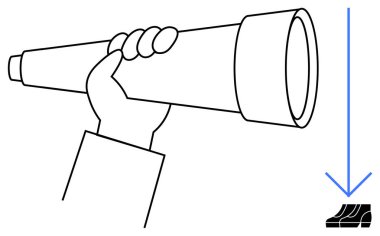 Düşen bir borsa grafiğini hedefleyen bir teleskopla el ele tutuşmak aşağı yönlü mavi bir okla gösterilir. Yatırım, piyasa analizi, iş tahminleri, mali planlama, ekonomik eğilimler için ideal