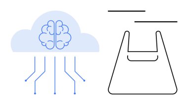 Bulutlara gömülü bir beyin, alışveriş çantasının yanında birbirine bağlı çizgiler. Yapay zeka teknolojisi, bulut hesaplaması, perakende yeniliği, dijital ekonomi, sinir ağları, modern iş dünyası ve gelecek için ideal