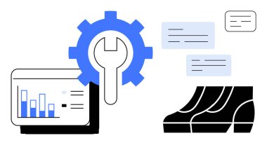 Graphs on laptop screen, gear with wrench indicating automation, messaging bubbles for communication, footwear. Ideal for tech integration, analytics, innovation, business development, e-commerce clipart