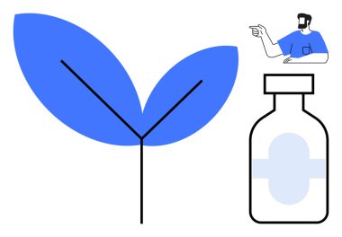 İnce siyah saplı iki mavi yaprak, işaret eden kişi ve ilaç şişesi. Sağlık, doğa, sağlık, ilaç, sürdürülebilirlik botanik ve bütünsel sağlık temaları için idealdir. Soyut çizgi