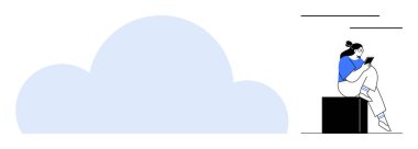 Kutuda oturan kadın tablet üzerinde çalışıyor. Büyük bulut şeklinin yanında. Bulut hesaplama, teknoloji, uzaktan çalışma, veri depolama, çevrimiçi işbirliği, dijital çalışma alanları, bulut hizmetleri için ideal. Çizgi