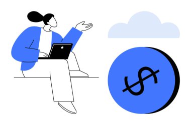 Bulutun altında büyük bir madeni para sembolünün yanında oturan kişi dizüstü bilgisayar kullanıyor. Finans, teknoloji, bulut hesaplama, yatırım, uzaktan çalışma, fintech, dijital ekonomi için idealdir. Soyut çizgi