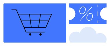 Mavi arka planda alışveriş arabası indirim kuponu ve bulutun yanında. E-ticaret, online alışveriş, dijital pazarlama, promosyonlar, satışlar, müşteri ilişkileri, ekonomik kavramlar için idealdir. Soyut