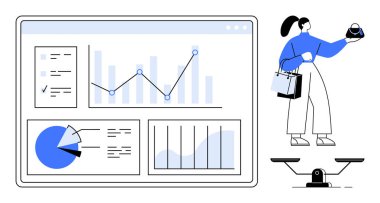 Çizelgeleri olan dijital ekran, veri analizlerini gösteren grafikler, iş kadını ise alışveriş ve işi dengeliyor. İş hayatını dengelemek için ideal, üretkenlik, çoklu görev, zaman yönetimi, analitik