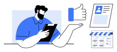 Elinde dosya tutan, özgeçmişine ve iş belgelerine onay veren bir adam. İşe alım, işe alım, iş memnuniyeti, performans değerlendirmeleri, iş kararları, insan kaynakları, takım yönetimi için ideal