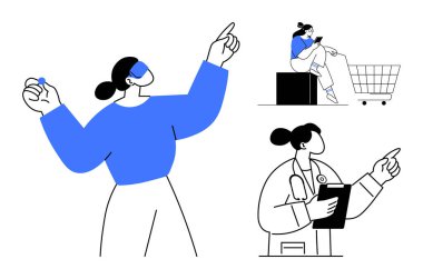 Parmakları havada bir kadın, tramvaylı bir akıllı telefon ve kadın doktor işaret ediyor. Teknoloji için ideal, tüketici davranışı, perakende, sağlık, rehberlik, modern iletişim çoklu görev