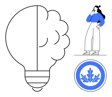 Fikir için beyinle birleştirilmiş ampul, yaratıcılık kavramı kadın düşüncesi, meşe yaprağı rozeti. Yaratıcılık, yenilik, zeka, beyin fırtınası, farkındalık doğa sembolü için idealdir. Modern daire