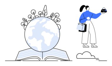 Alışveriş torbalı kadın elinde çevre dostu ürünler tutuyordu. Açık bir kitabın yanında duruyordu. Dünya ve bitkiler büyüyordu. Eğitim, sürdürülebilirlik, çevre, alışveriş, ekoloji, yaşam tarzı için ideal