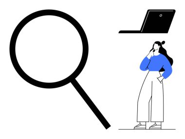 Büyüteç, eli çenesinde düşünen kadın, dizüstü bilgisayar. Araştırma, problem çözme, analiz, keşif, veri keşfi, kritik stratejik planlama için idealdir. Minimalist tasarım