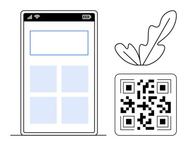 Smartphone with blank screen, QR code, and sketched leaf convey digital interaction and nature. Ideal for tech integration, mobile applications, digital marketing, eco-friendly tech, QR payments clipart