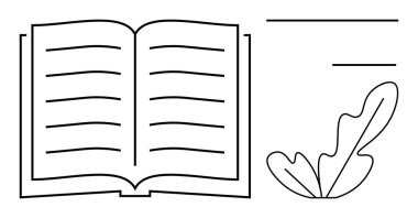 Açık bir kitap ve yaprak motifli soyut çizgiler. Eğitim, edebiyat, yazı, yaratıcılık, doğa, öğrenme, yayıncılık için idealdir. Minimalist tasarım siyah çizgiler soyut çizgi düz metafor