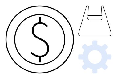 Dolar işareti, alışveriş çantası ve açık mavi çizgili minimalist siyah ve açık mavi çizgili dişli sikke. E-ticaret, dijital ödemeler, perakende işlemler, alışveriş, finans hizmetleri, sistem için ideal