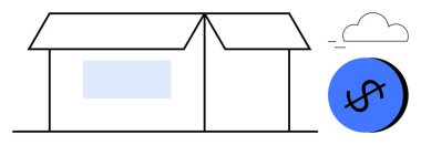 Pencereli bir ev, bir dolar işareti gösteren mavi bir bozuk para ve yakınlarda bir bulut. Gayrimenkul, finans, yatırım, ekonomi, konut piyasası, maliyet hesaplama tasarrufu soyut çizgisi düz metafor için ideal