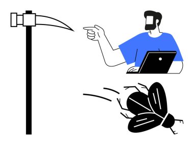 Mavi tişörtlü biri dizüstü bilgisayar kullanırken, bir maden çapası ve uçan bir böceğin yanında. İletişim, yön, teknoloji, tarım, sanayi, doğa, çoklu görev kavramları için ideal