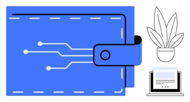 Devre çizgileri olan büyük mavi bir cüzdan. Yanında bir laptop, bir belge ve saksı bitkisi var. Finans, teknoloji, dijital ödemeler, çevrimiçi bankacılık, siber güvenlik, veri yönetimi için ideal