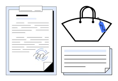 Mavi etiketli alışveriş çantası, panoda imzalı belge, satırları ve imzası olan boş form. Alışveriş, sözleşmeler, anlaşmalar, evraklar, yasal belgeler, perakende e-ticaret için ideal