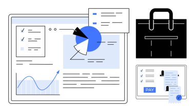 Tablet ve diğer cihazlarda gösterilen dijital tablolar, grafikler ve finansal belgeler. Finans, işletme yönetimi, veri analizi, mali planlama, dijital işlemler, kurumsal işlemler için ideal