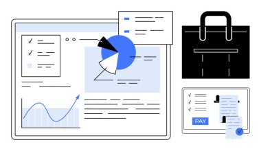 Digital charts, graphs, and financial documents displayed on a tablet and other devices. Ideal for finance, business management, data analysis, financial planning, digital transactions, corporate clipart
